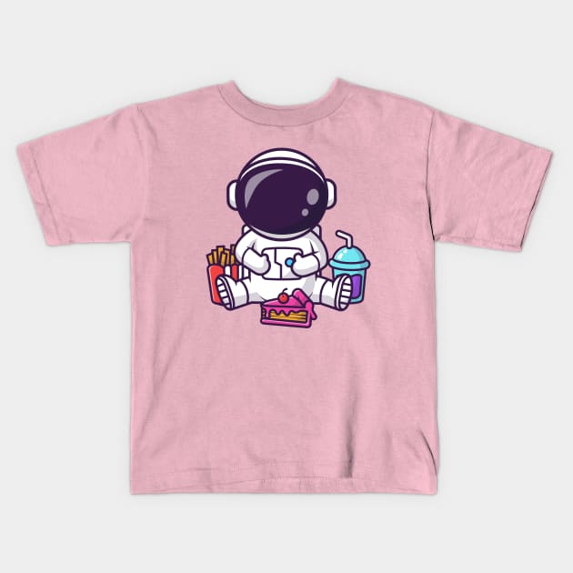 Cute Fat Astronaut Eating Cake With French Fries And Soda Cartoon Kids T-Shirt by Catalyst Labs